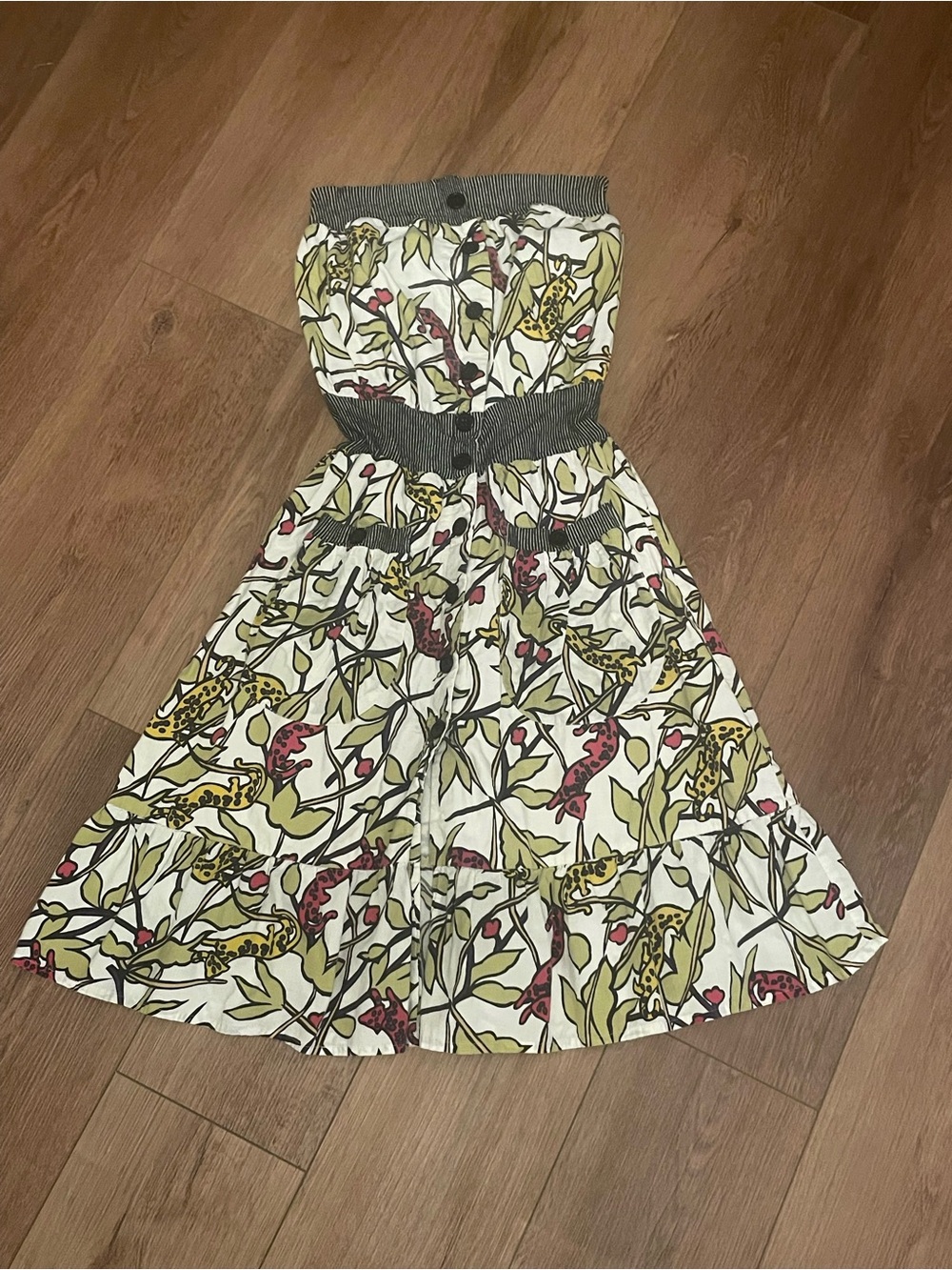 Strapless Floral Print Summer Dress - White, Green & Pink